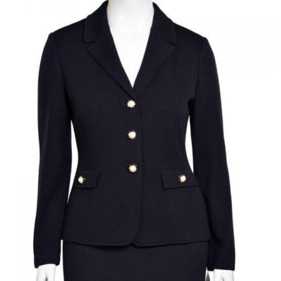 St. John Collection Black Wool Blend Knit Blazer Pearl Buttons Women's SIZE 12 - Picture 1 of 7